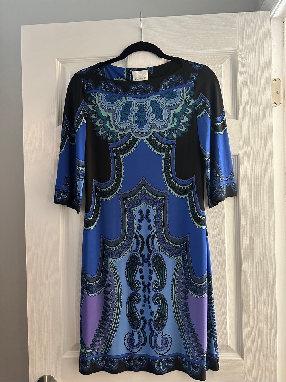 Donna Morgan Blue, Teal & Black Paisley-Print Shift Dress